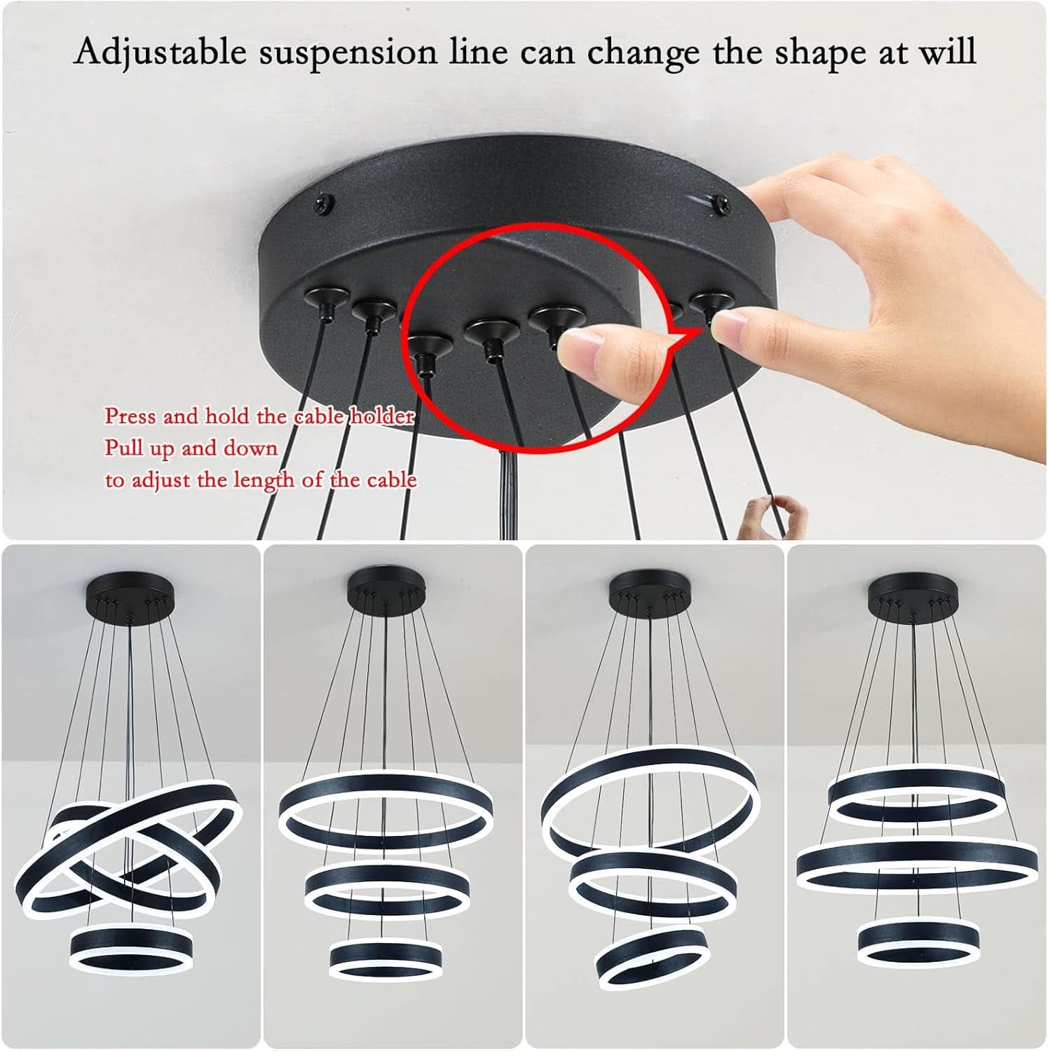 Black Adjustable LED Three Ring Pendant Light Fixture