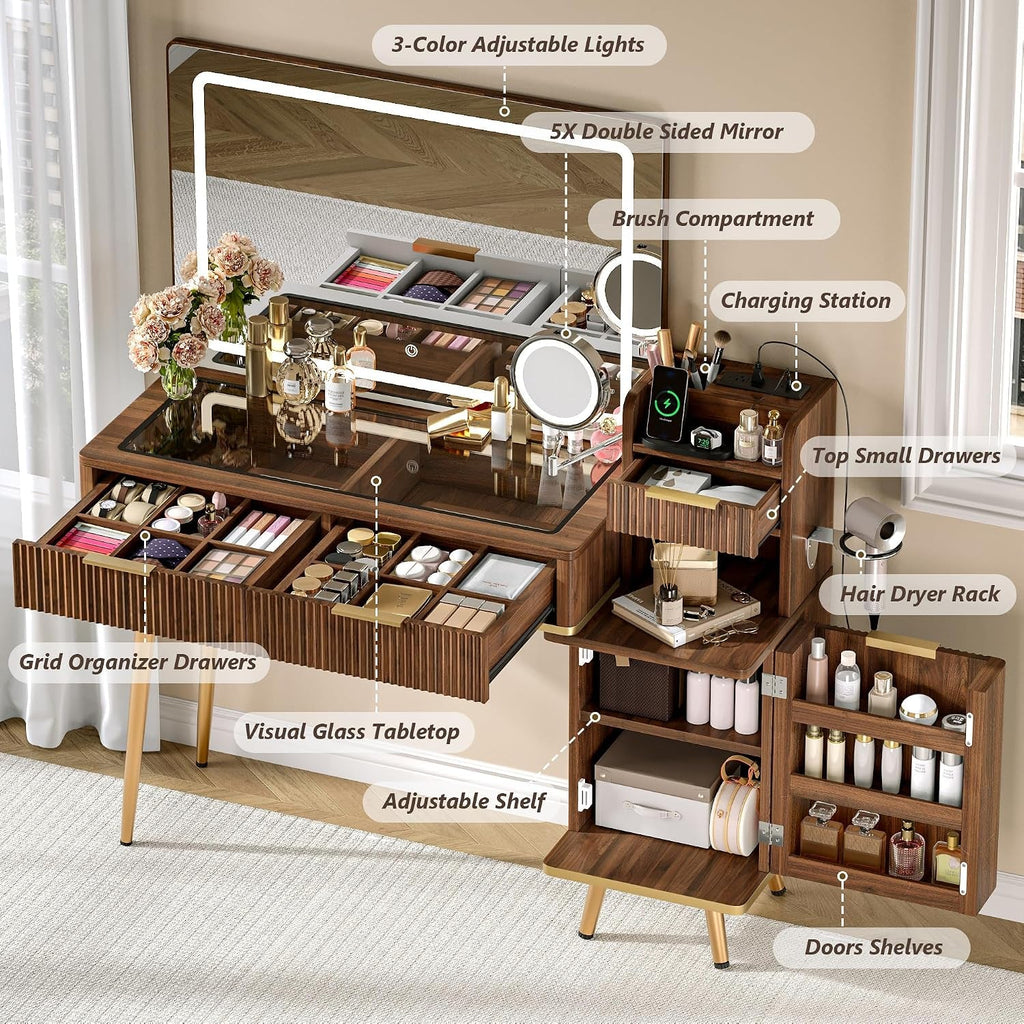 47 Inch Dark Walnut Makeup Vanity Desk With Mirror