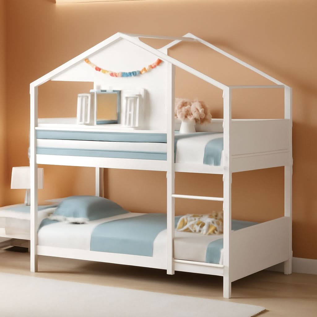 Twin Over Twin White Wood House Bunk Bed For Kids Room