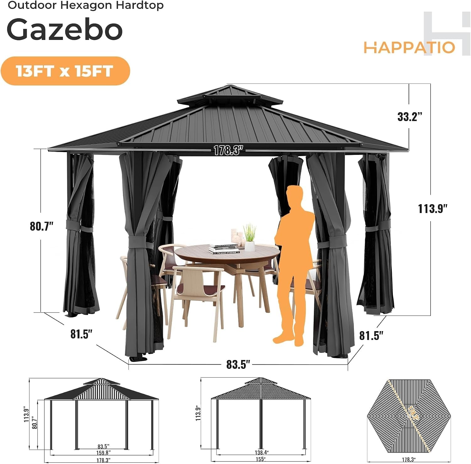 13x15 Ft Gray Hardtop Aluminum Gazebo OutdoorPatio