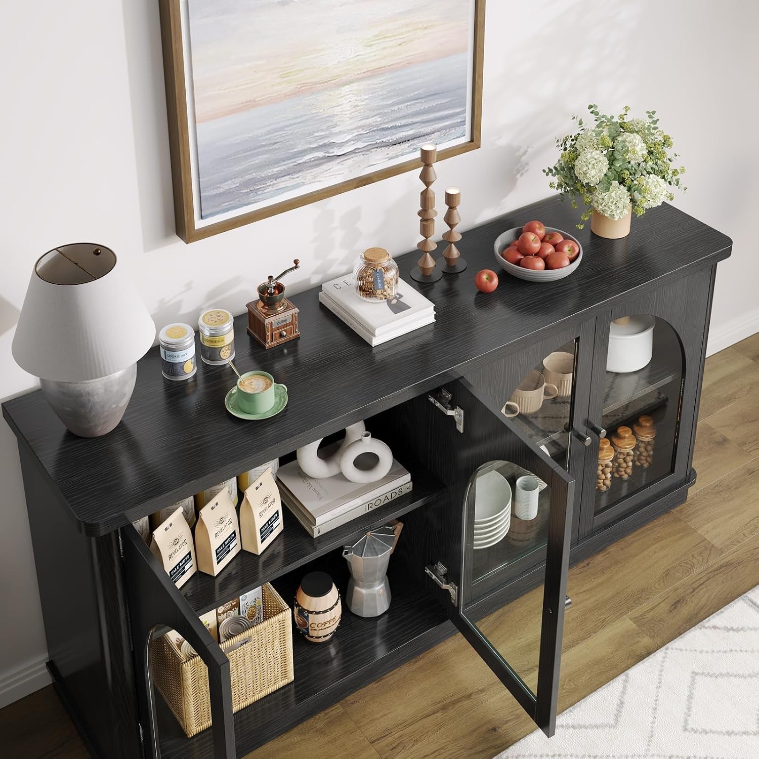 63Inch Black Sideboard Buffet Cabinet Glass Doors Modern