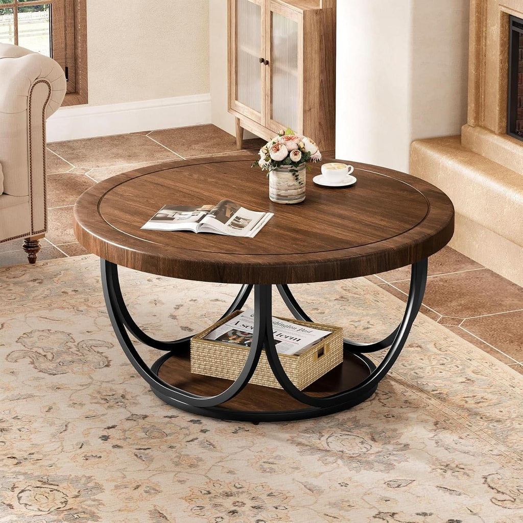 Round Coffee Table 33 Inch Brown Black Industrial Frame