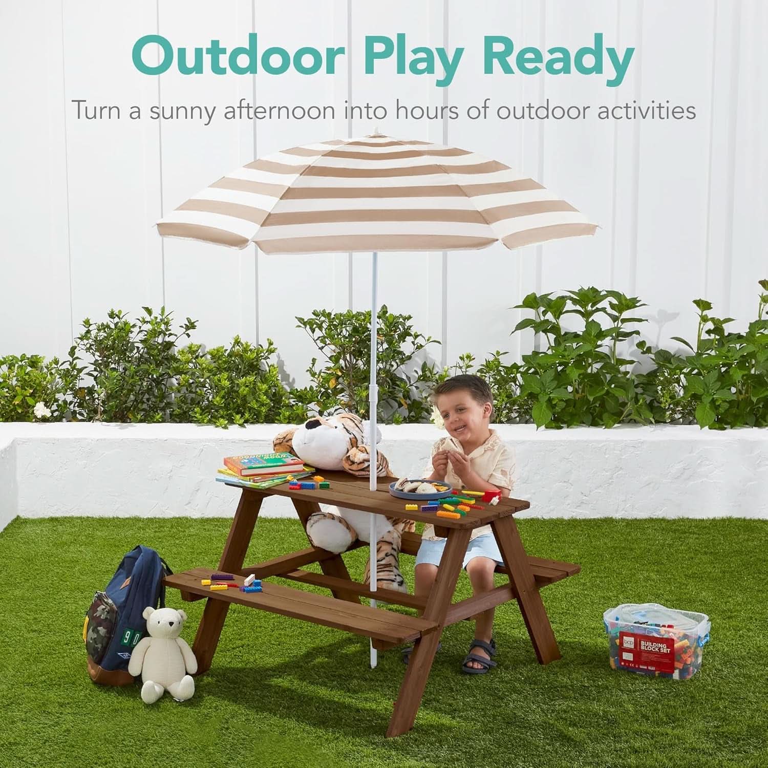 Walnut Wooden Kids Picnic Table With Adjustable Umbrella