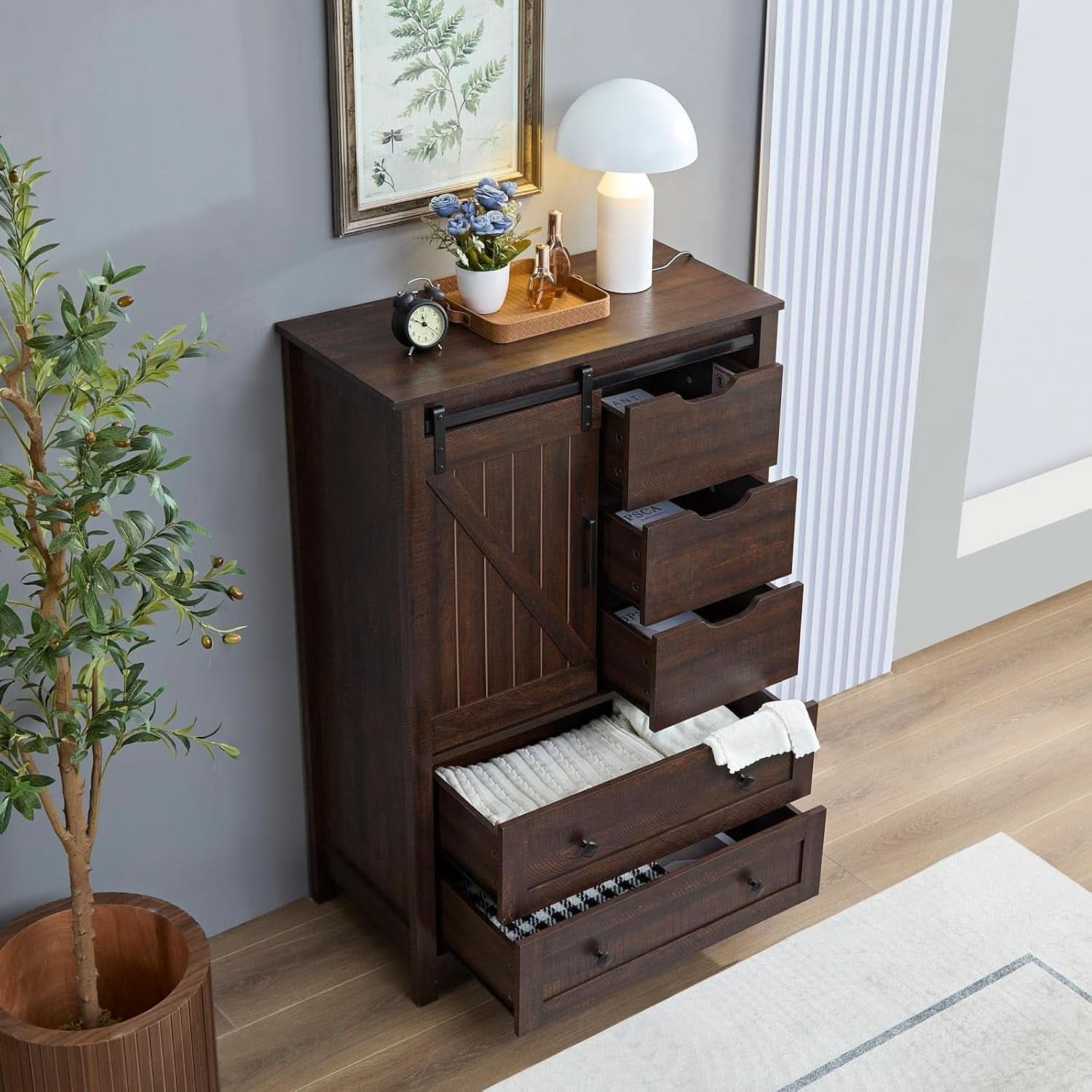 Espresso Dresser With FiveDrawers Sliding Barn Doors