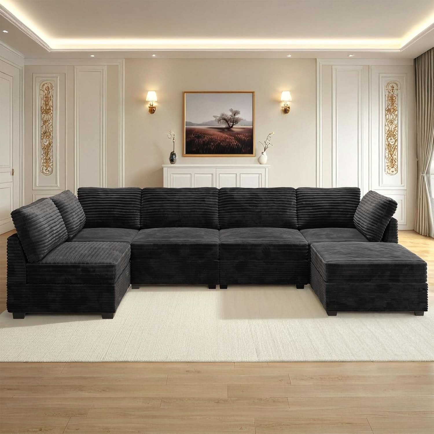 Modular Sectional Sofa Black Corduroy Convertible Sleeper