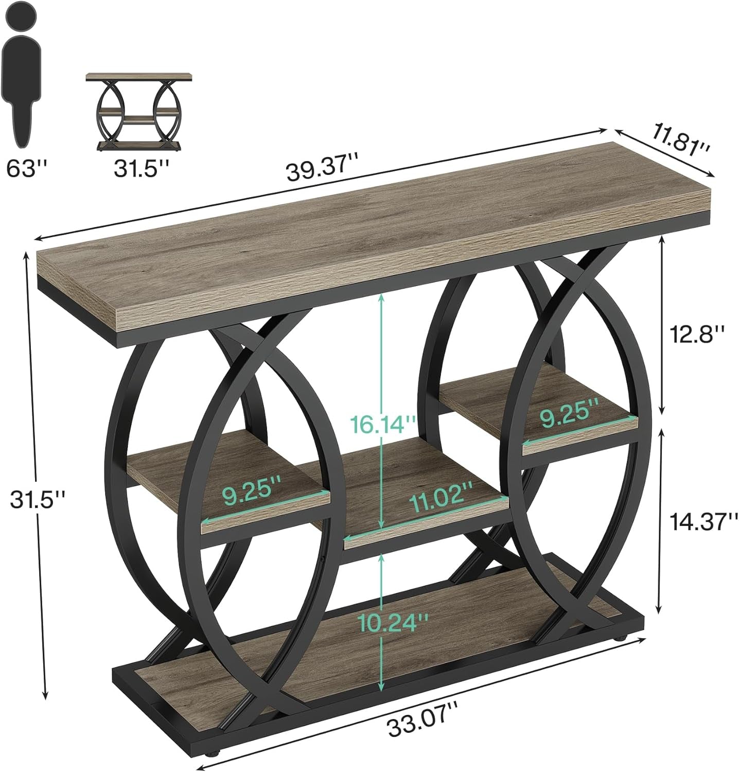 Grey Industrial 39.4in Narrow Console Table Storage