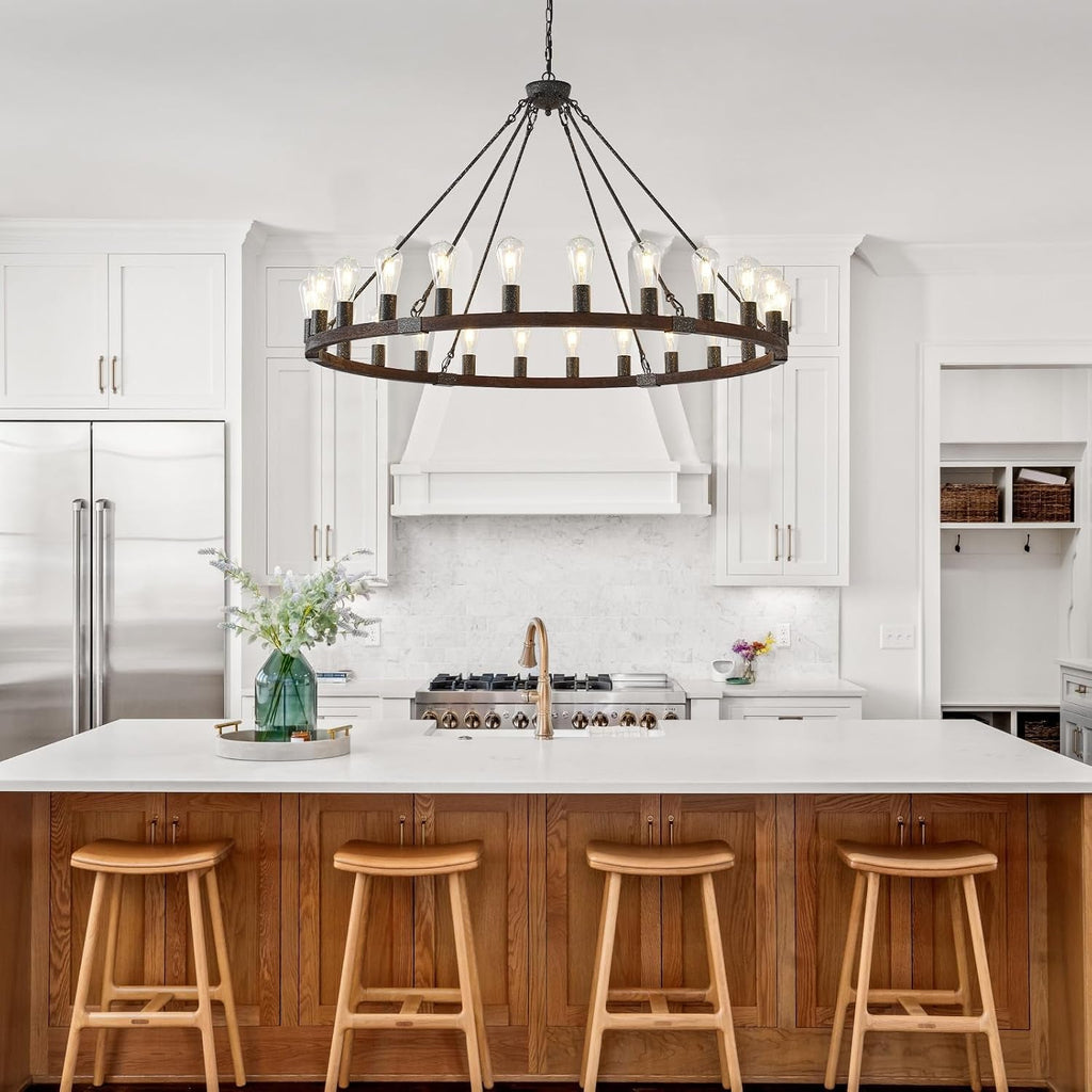XL Handcrafted Matte Black Walnut Wagon Wheel Chandelier