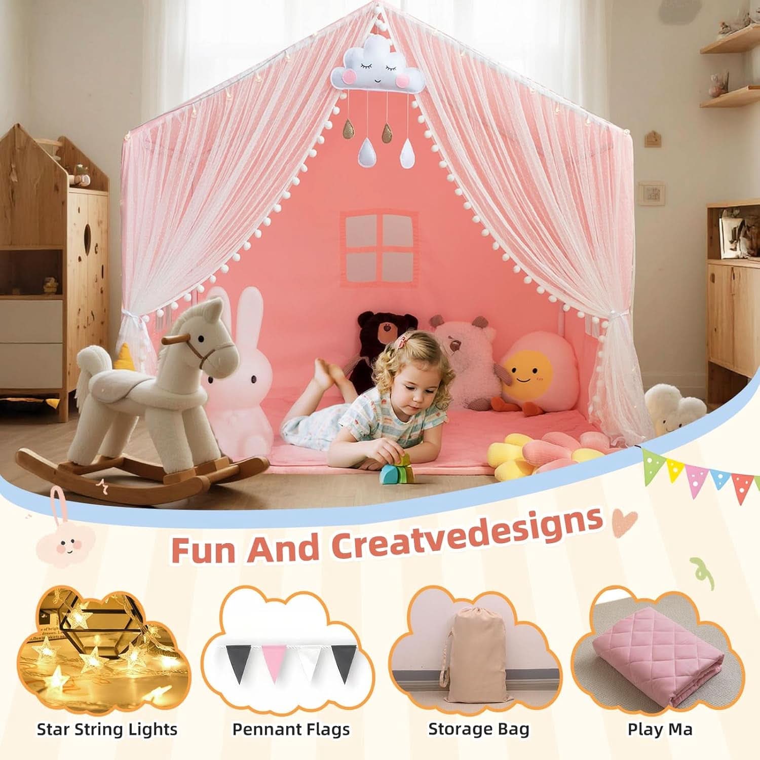 55 Inch Vibrant Color Kids Play Tent With Padded Mat
