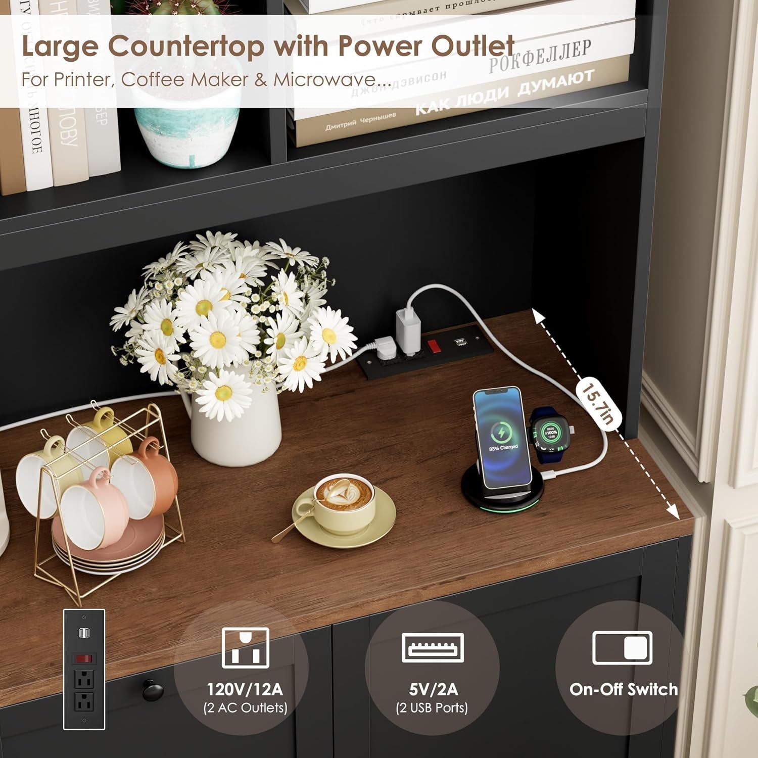 Seventy Two Inch Tall Black Bookcase With Power Out let System