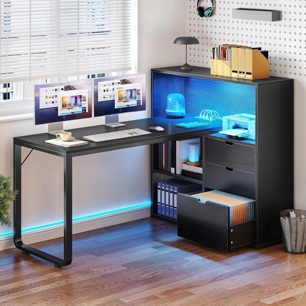 55 Inch L Shaped Desk With Integrated LED Outlets And Shelves