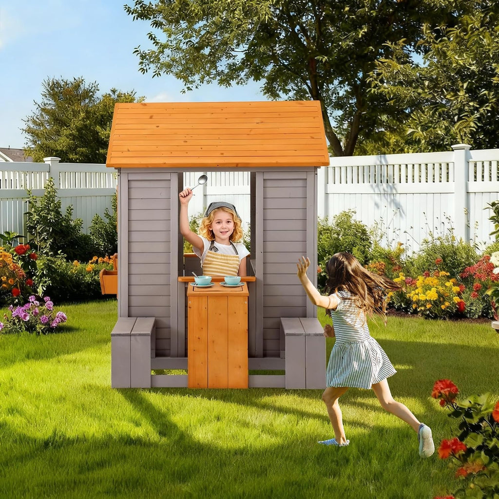 Brown Weatherproof Wooden Playhouse With Sand Table