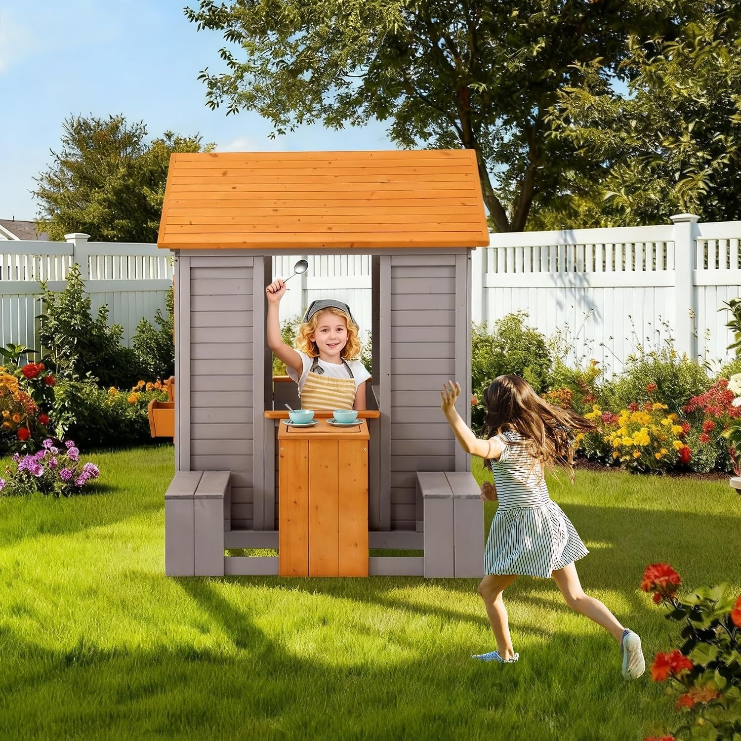 Brown Weatherproof Wooden Playhouse With Sand Table