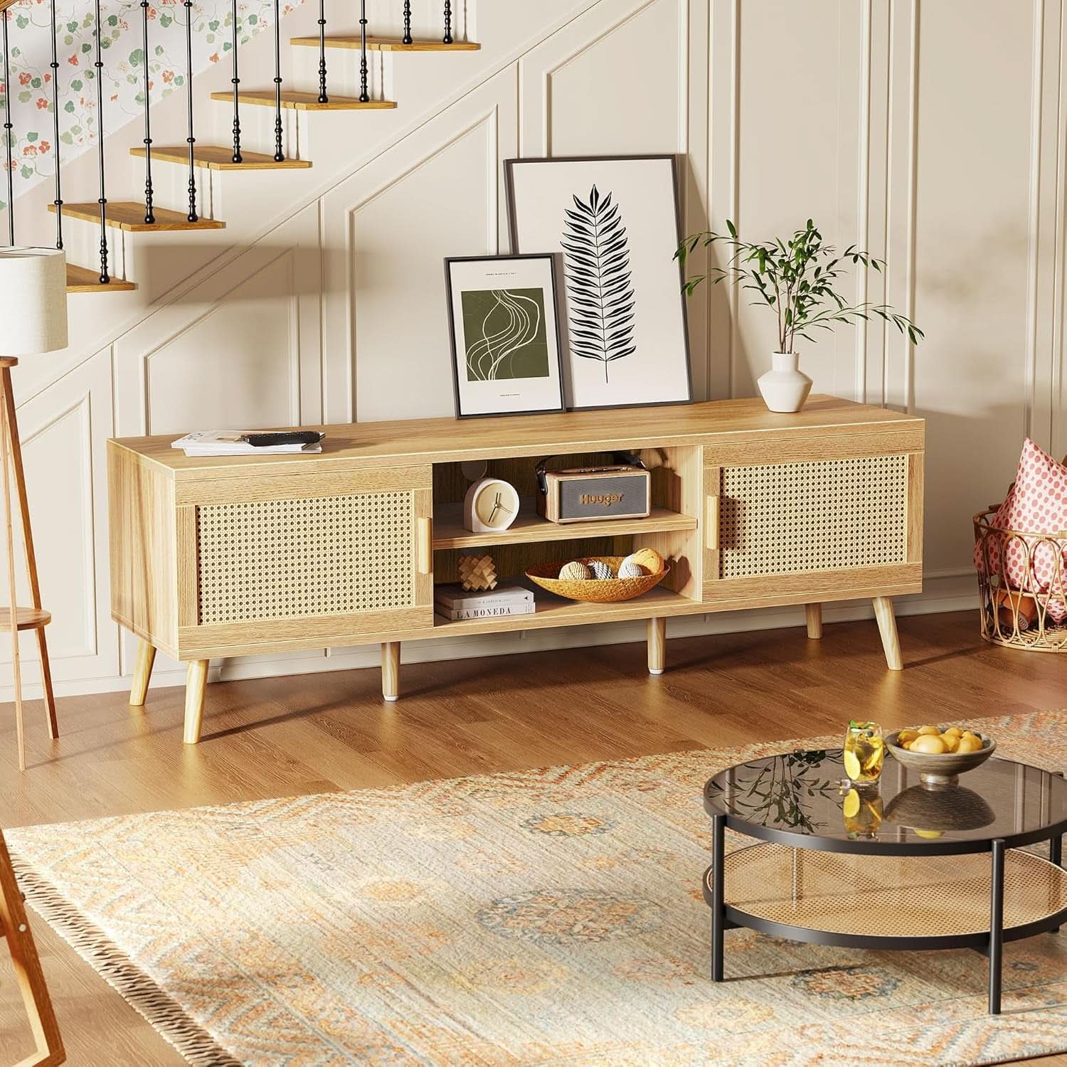 65 Inch Boho TV Stand With Rattan Entertainment Center