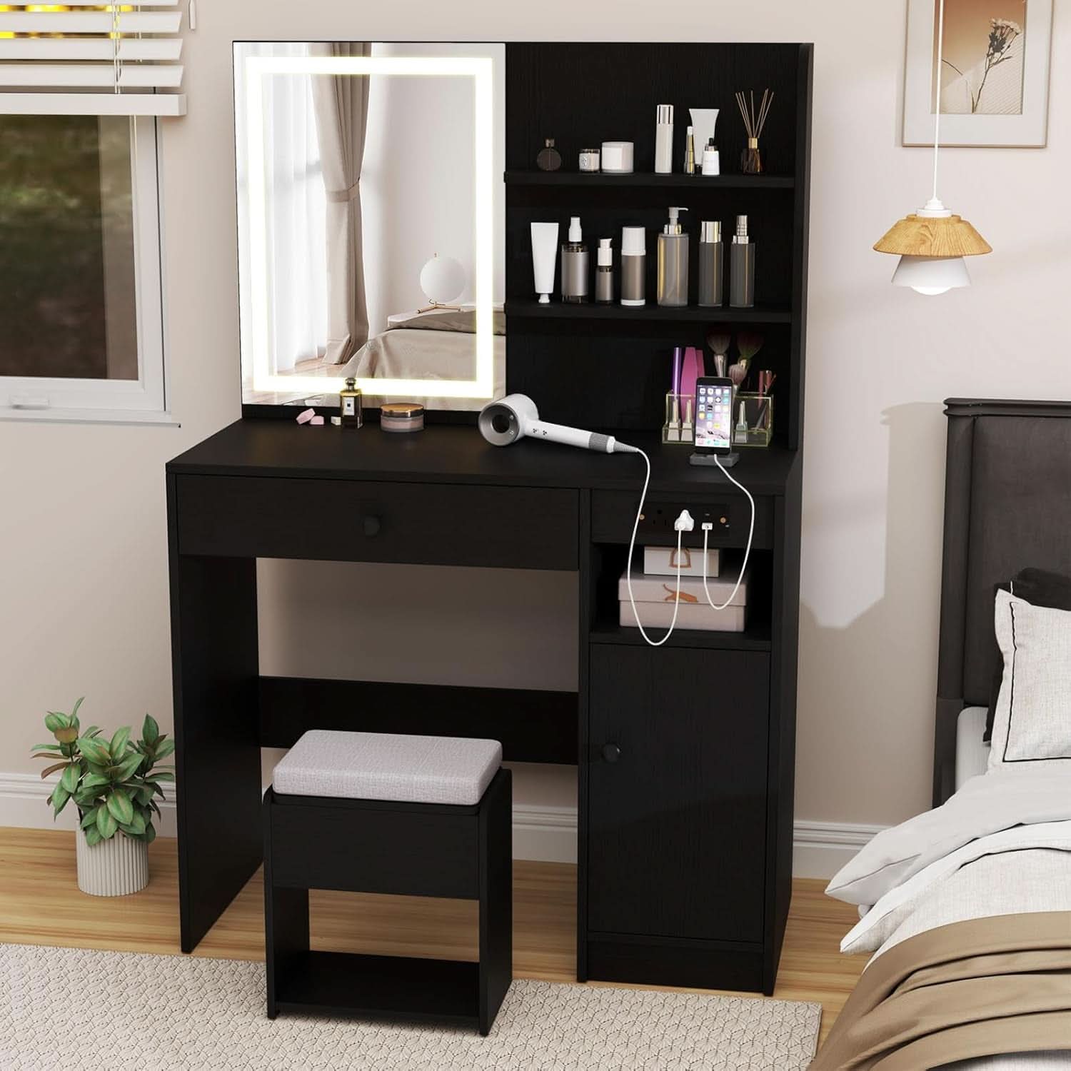 Black Adjustable LED Vanity Desk with Mirror and Charging