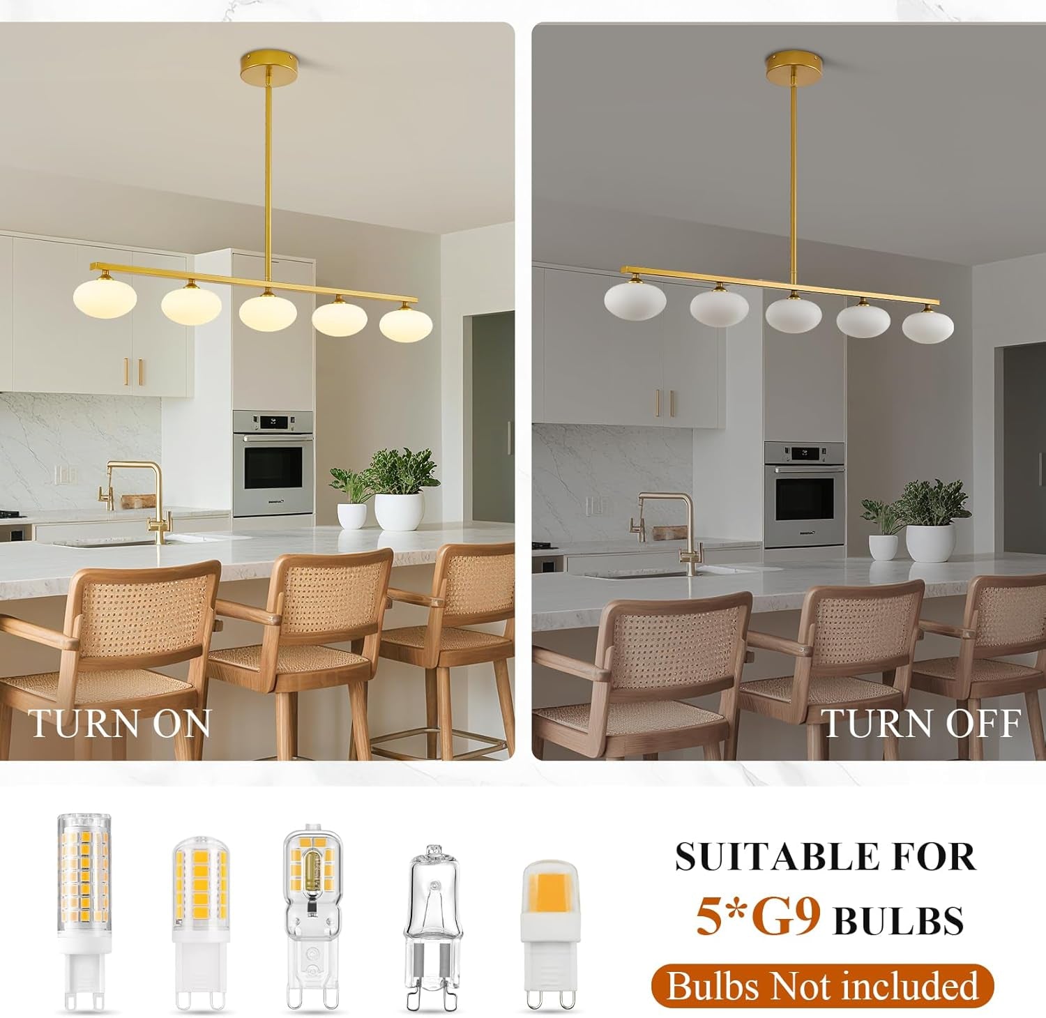 Golden Linear Midcentury Chandelier Quintuple Globes