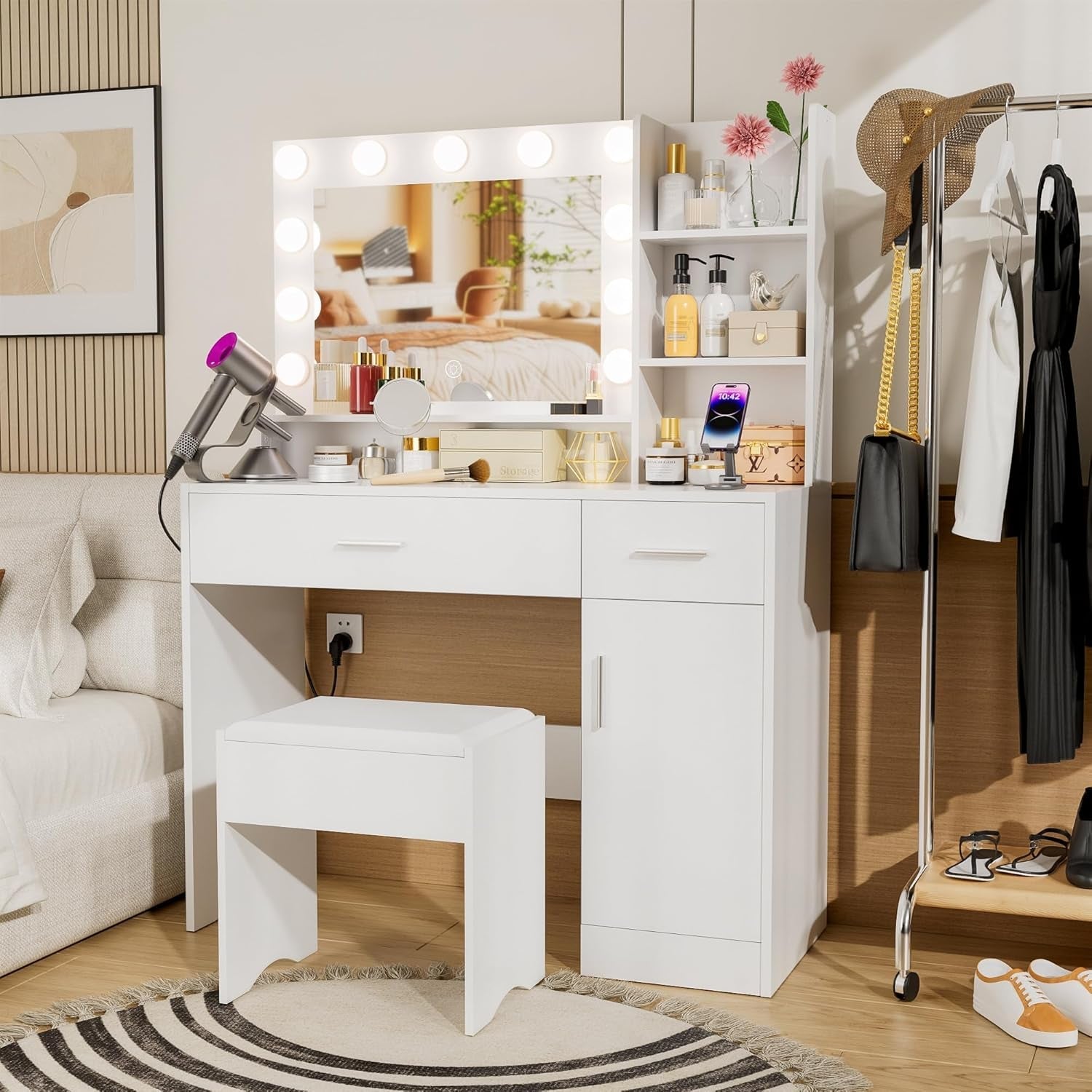 White Vanity Desk With Illuminated Cosmetics Storage