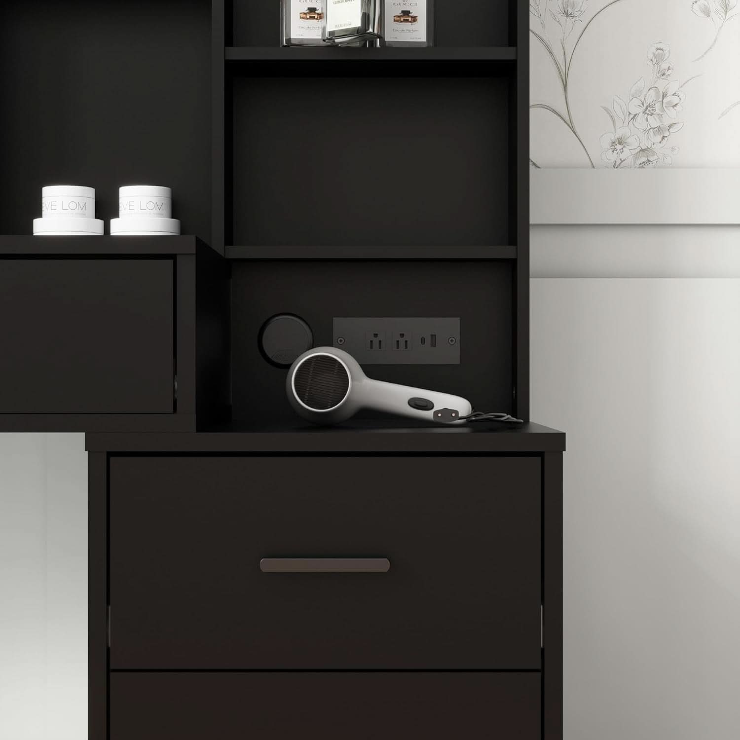 Black Vanity Desk With Large Mirror Illumination Mode