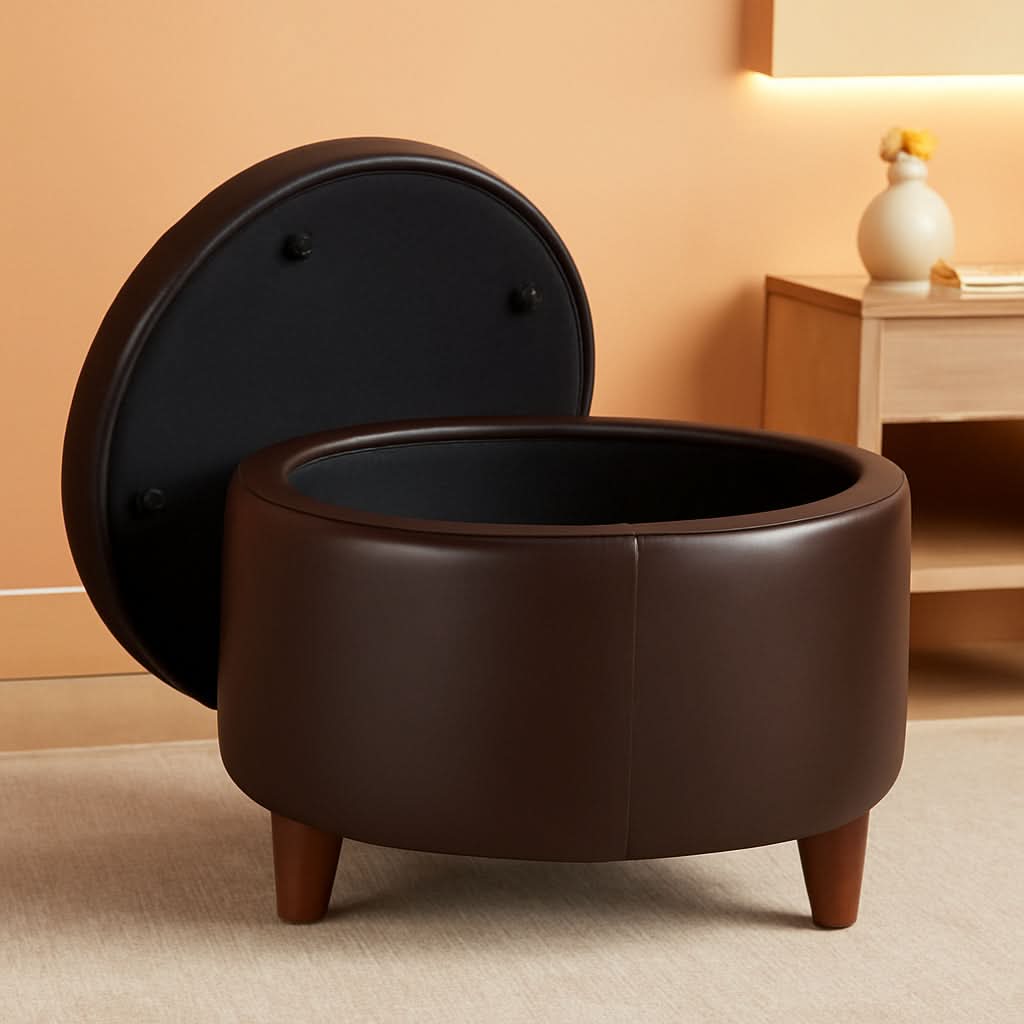 Round Leatherette Storage Ottoman Chocolate Brown Large