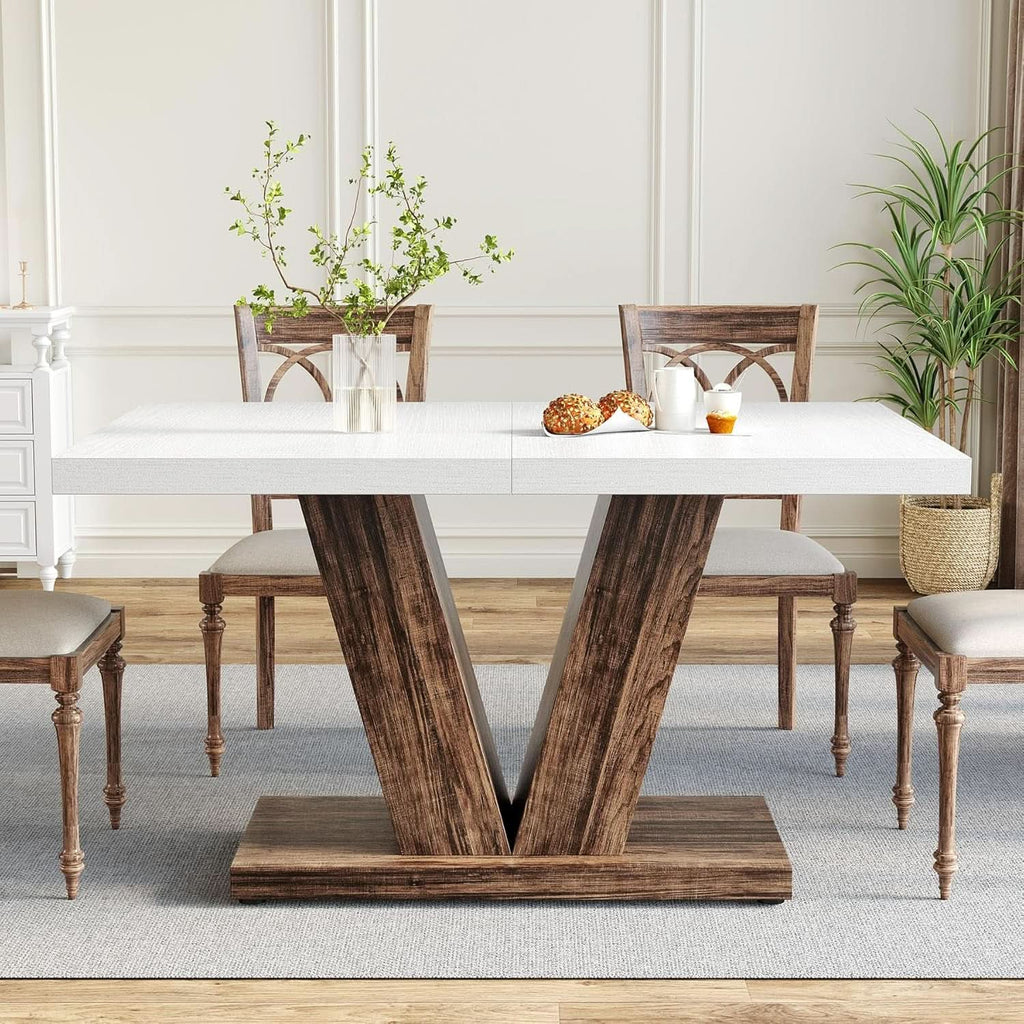 47 Inch White Rectangular Dining Table With Rustic Pedestal