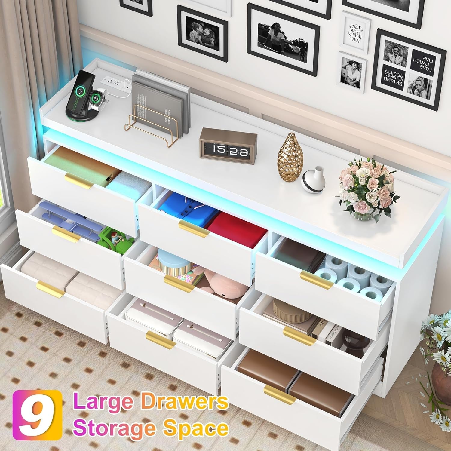 White Dresser With Integrated LED Lighting Charging