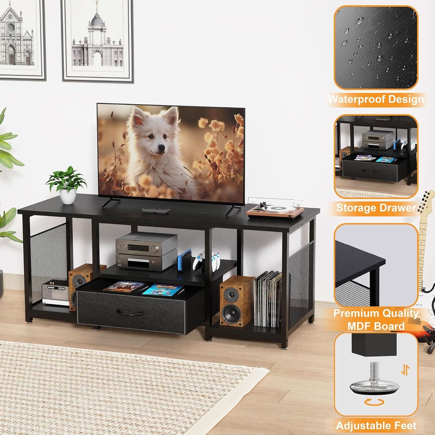 Industrial Black TV Entertainment Center With Drawers