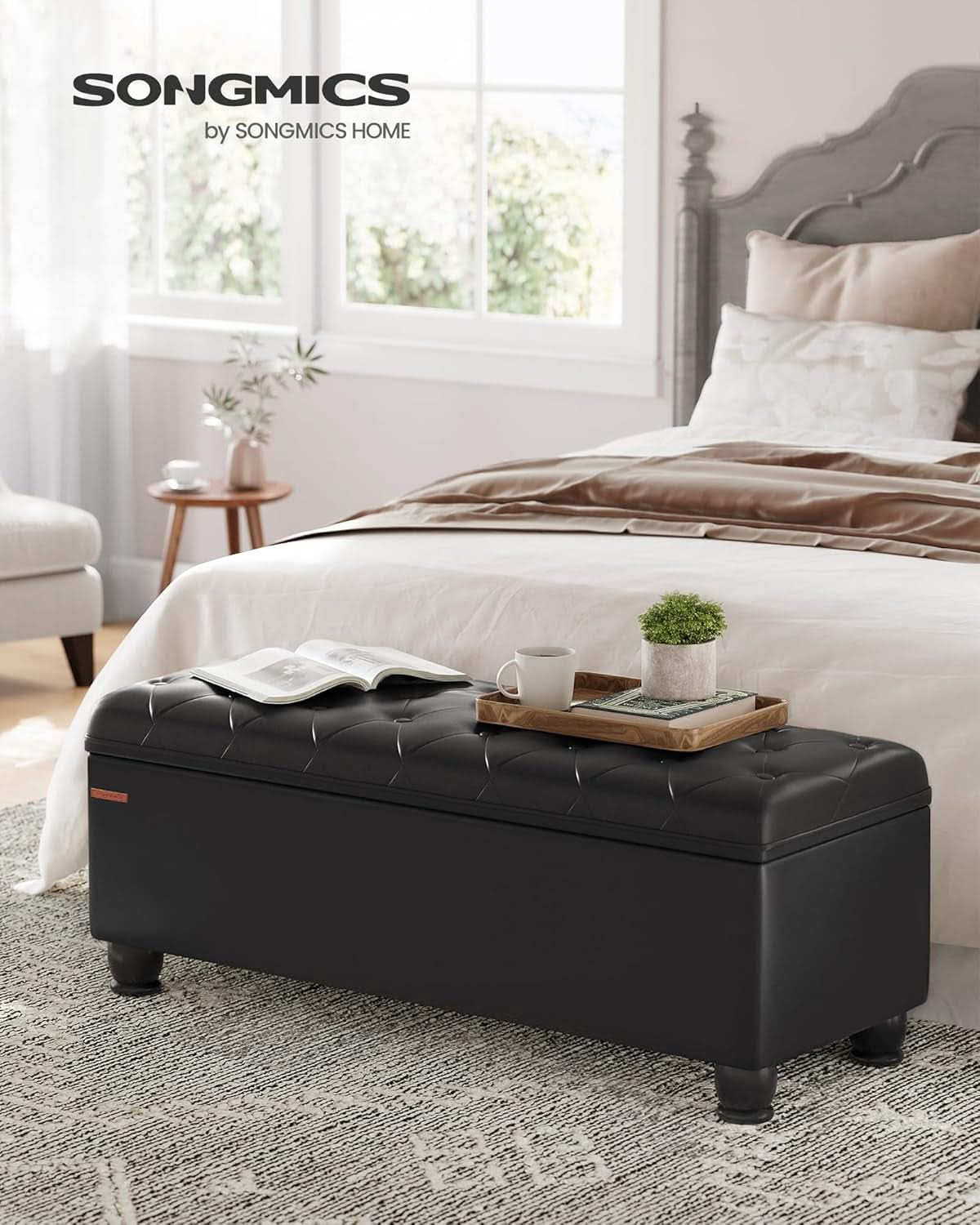 Executive Black Leather Storage Ottoman Bench 46 Inches