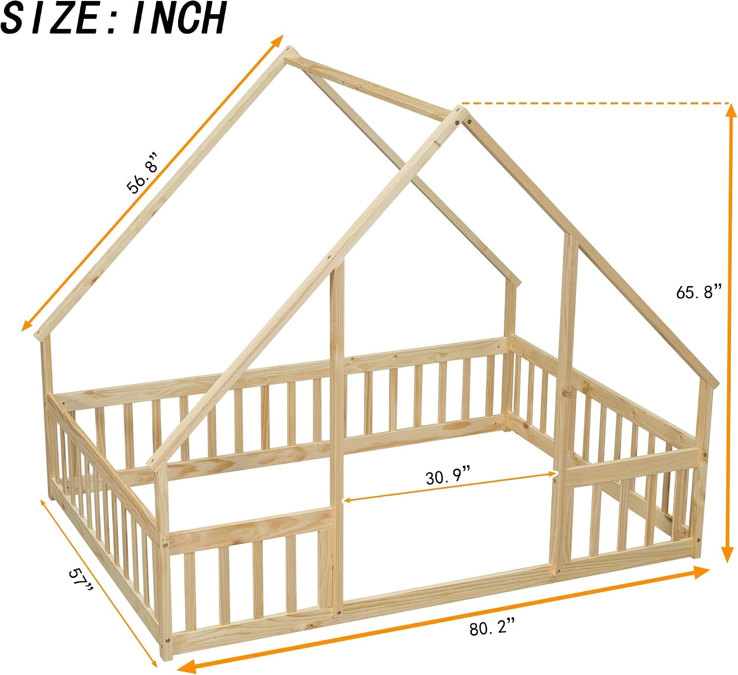 Full Size House-Shaped Natural Wooden Kids Floor Bed