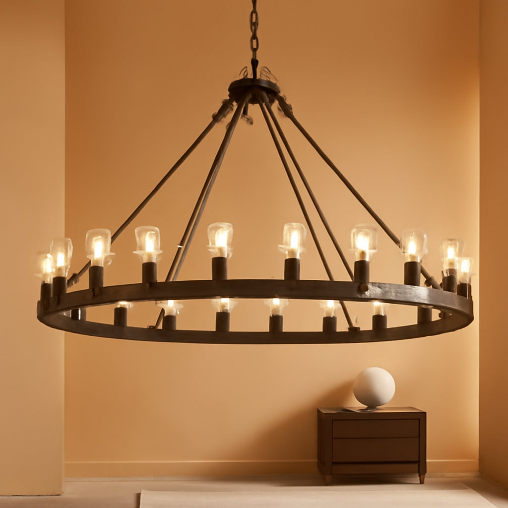 XL Handcrafted Matte Black Walnut Wagon Wheel Chandelier