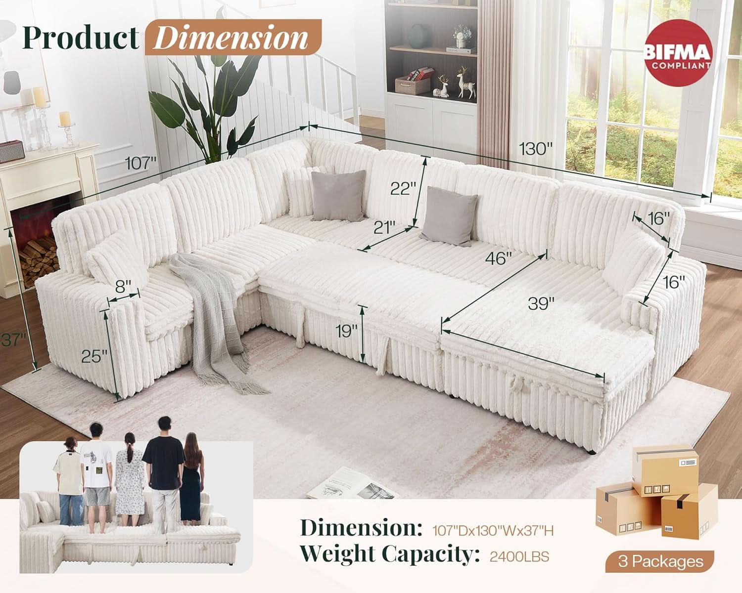 One Hundred Thirty Inch Sleeper Sofa With White Faux Fur