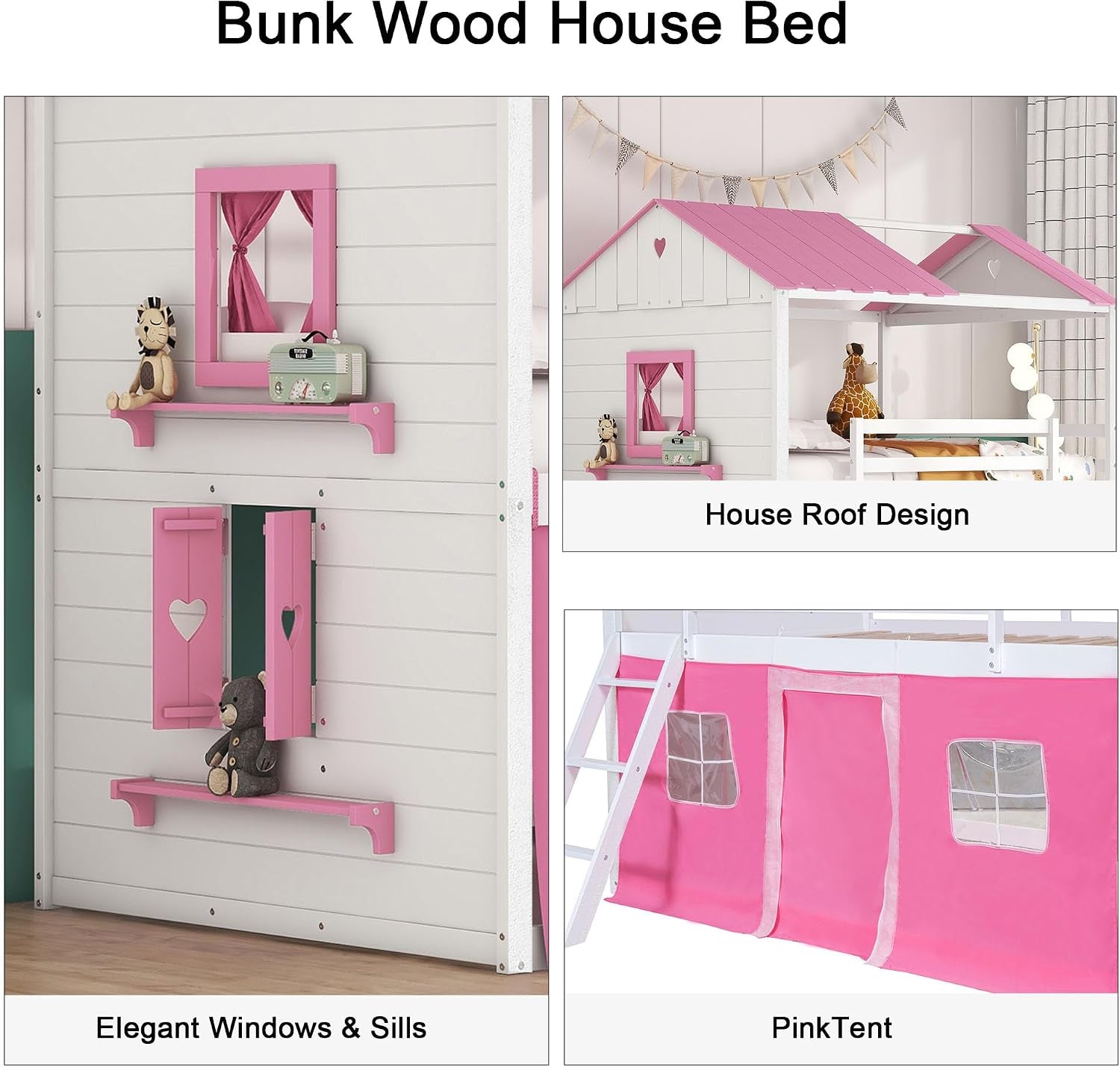Full Size Furniture Wooden Bunk Bed Pink Playhouse Structure