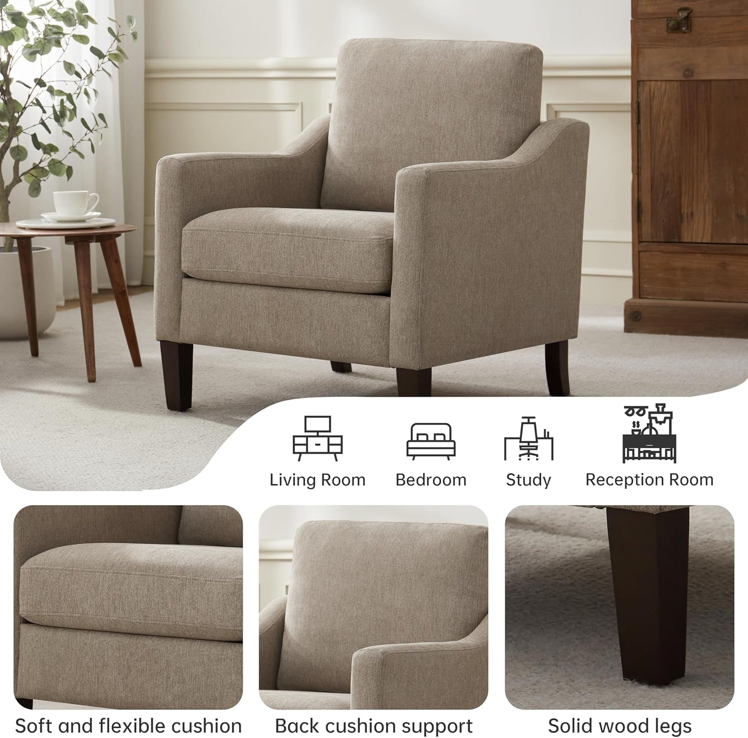 Brown Upholstered Armchairs With Polished Wooden Legs