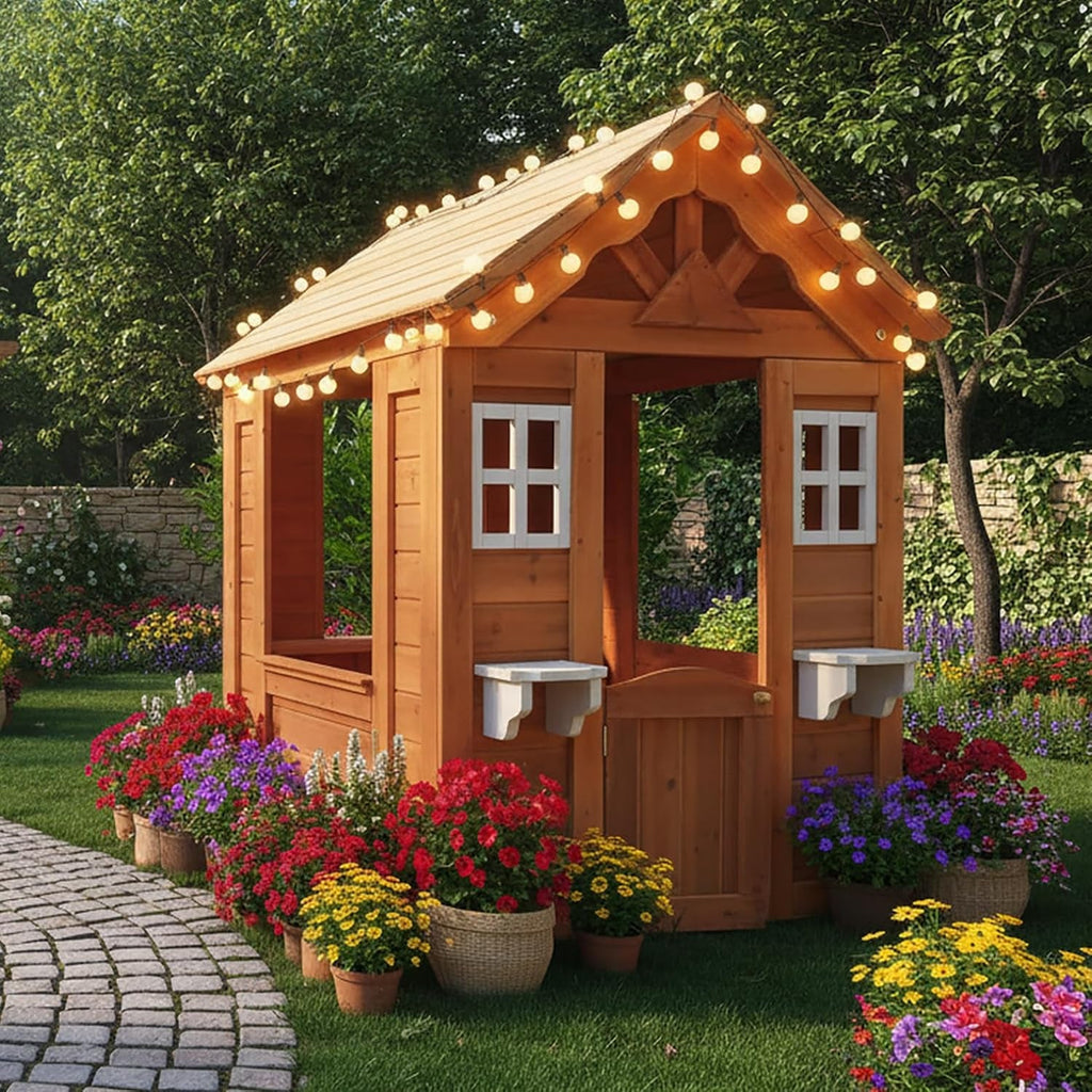 Outdoor Wooden Kids Playhouse With Flowerpot Holder