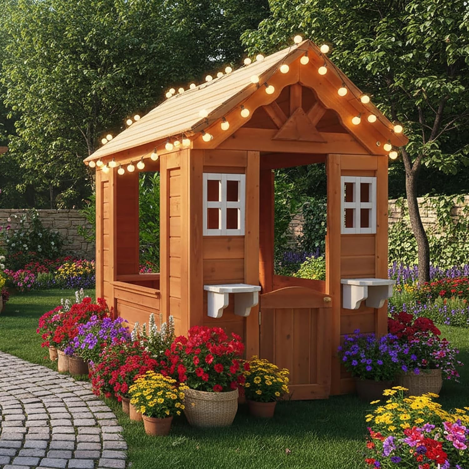 Outdoor Wooden Kids Playhouse With Flowerpot Holder
