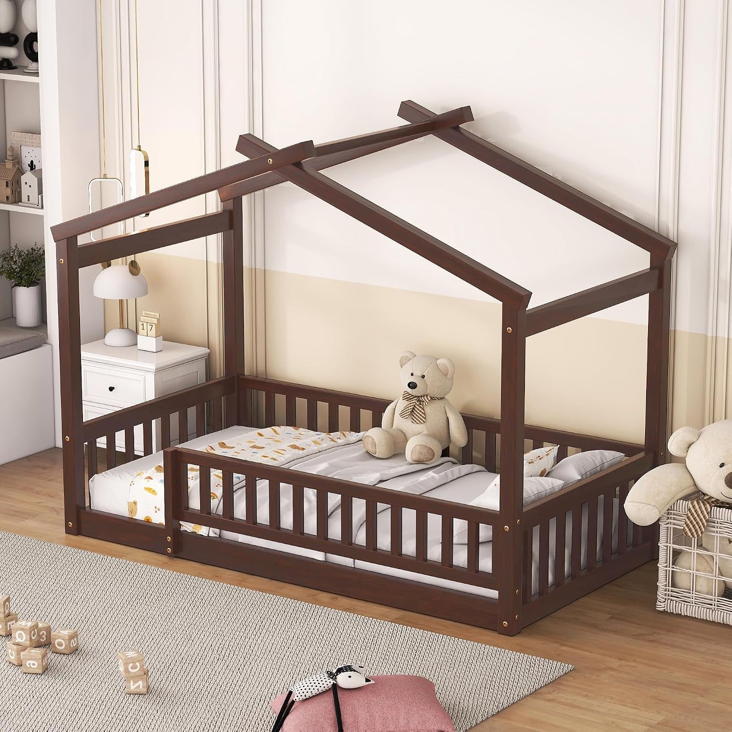 Montessori Floor Twin Bed Kids No Box Spring Walnut Finish