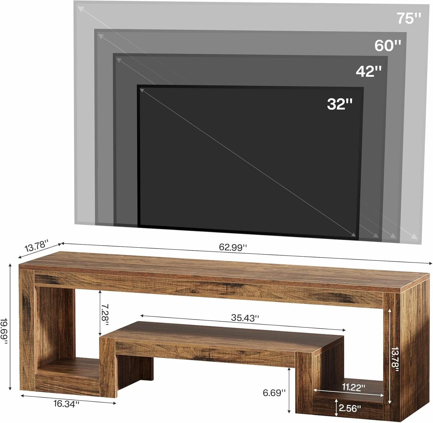 63 Inch Farmhouse Rustic Walnut TV Entertainment Unit