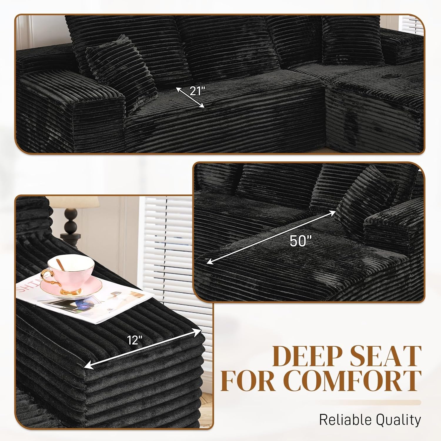 108 Inch Corduroy Left Facing Sectional Sofa Charcoal
