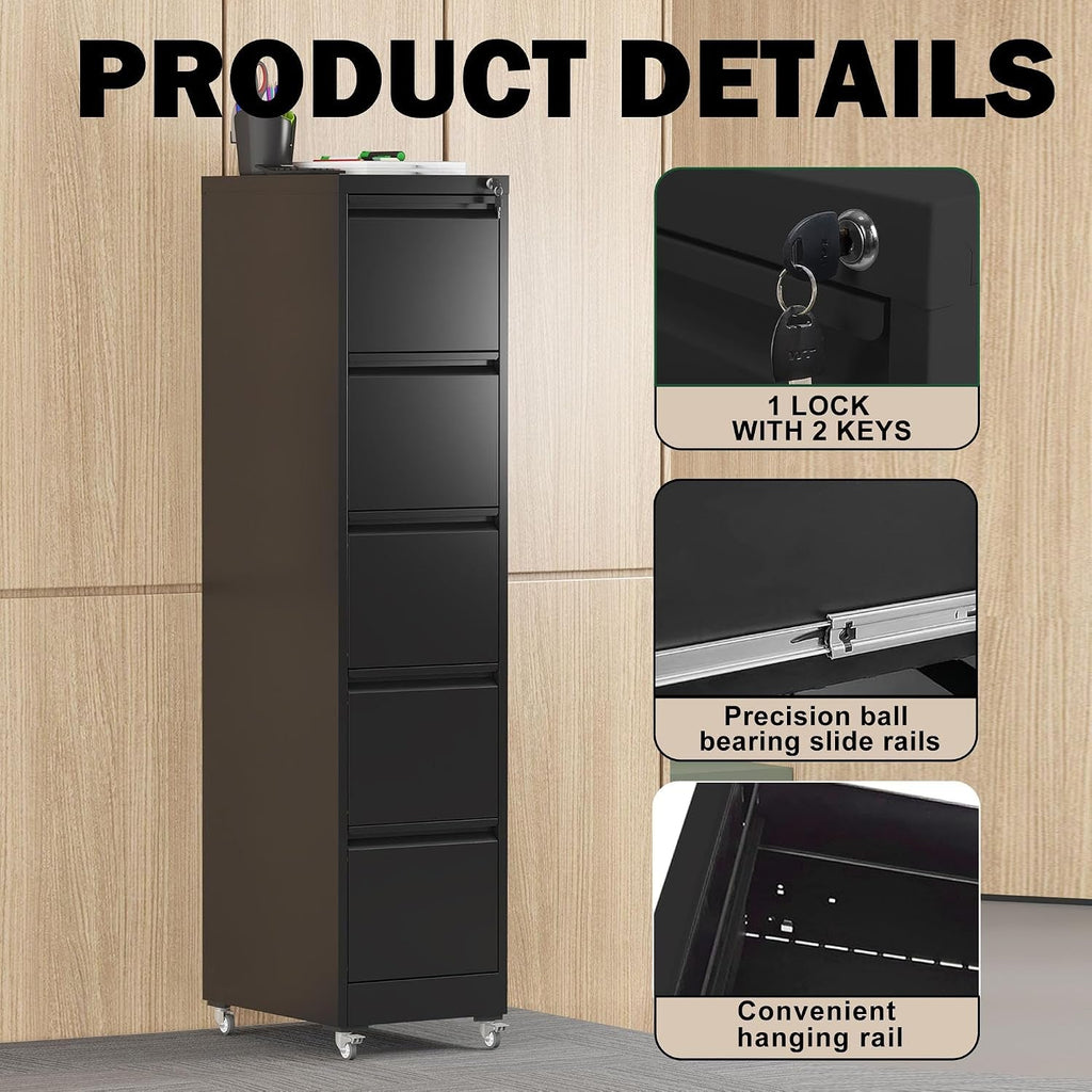 Black 5-Drawer Commercial-Grade Filing Cabinet Lockable