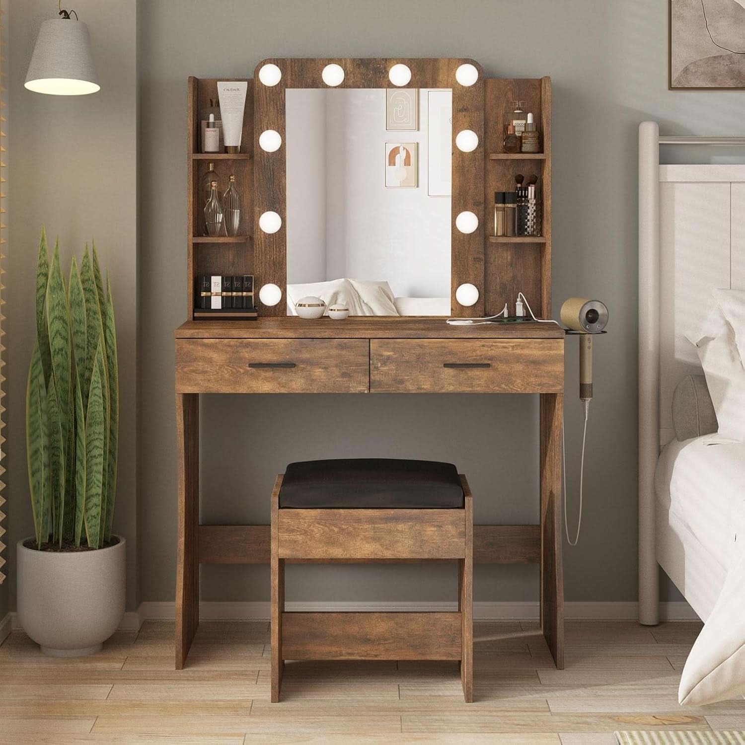 Contemporary Rustic Brown Vanity Desk With Lighting