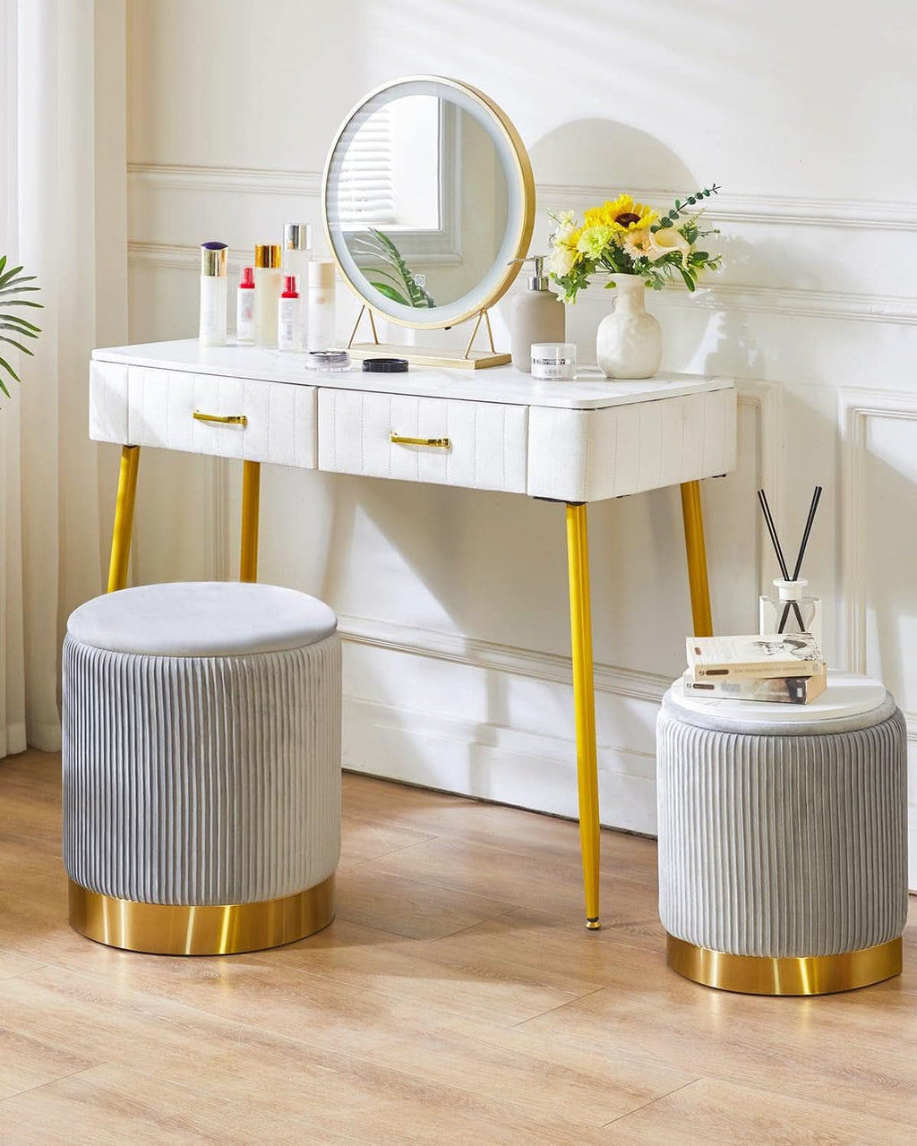 Round Storage Ottoman TwoPack Gray Velvet Upholstered