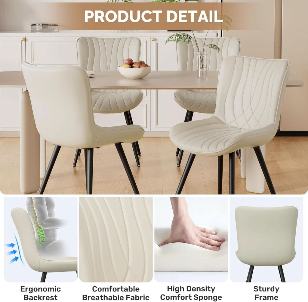 Beige Upholstered PU Leather Space Saving Ergonomic Dining Chair Set