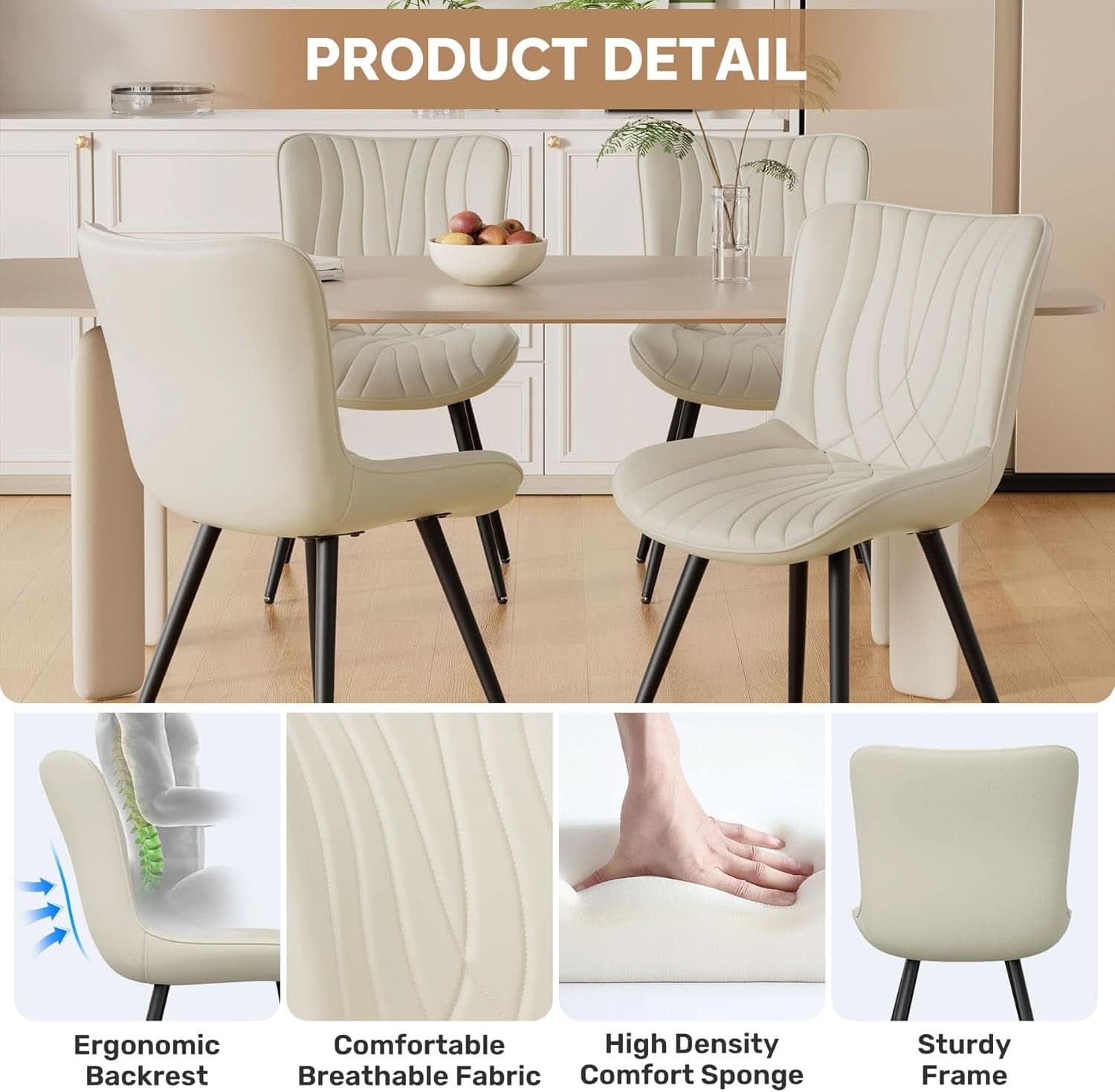 Beige Upholstered PU Leather Space Saving Ergonomic Dining Chair Set