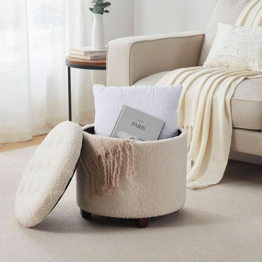 Round Storage Ottoman Boucle White Fabric Upholstery