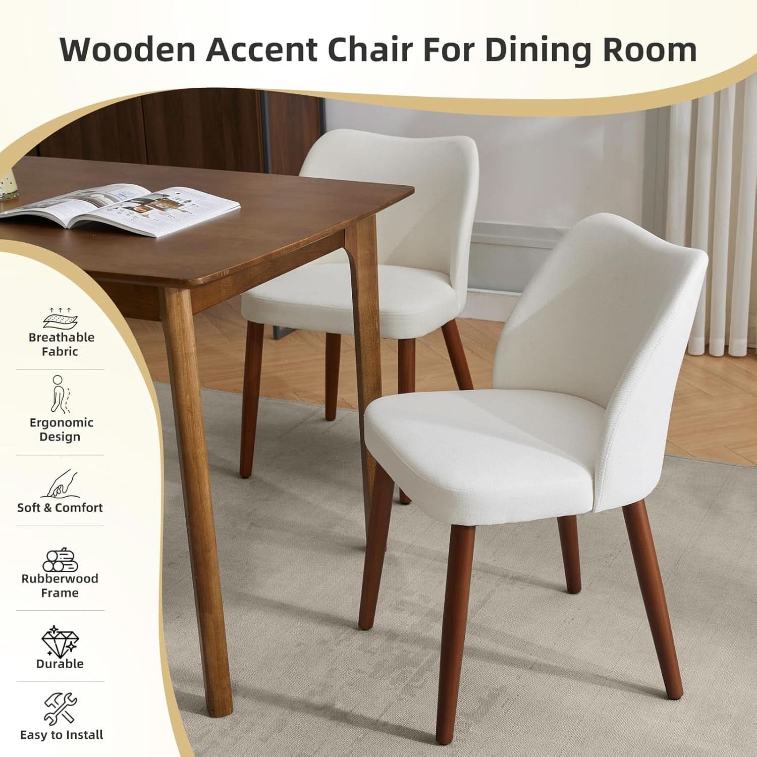 Cream White Upholstered Wooden Dining Chairs SetOf2