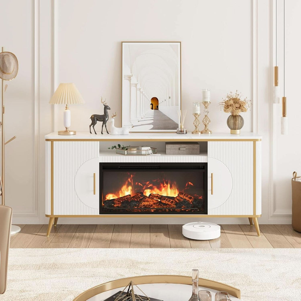 Fluted Electric Fireplace TV Console 80 Inch Arctic White