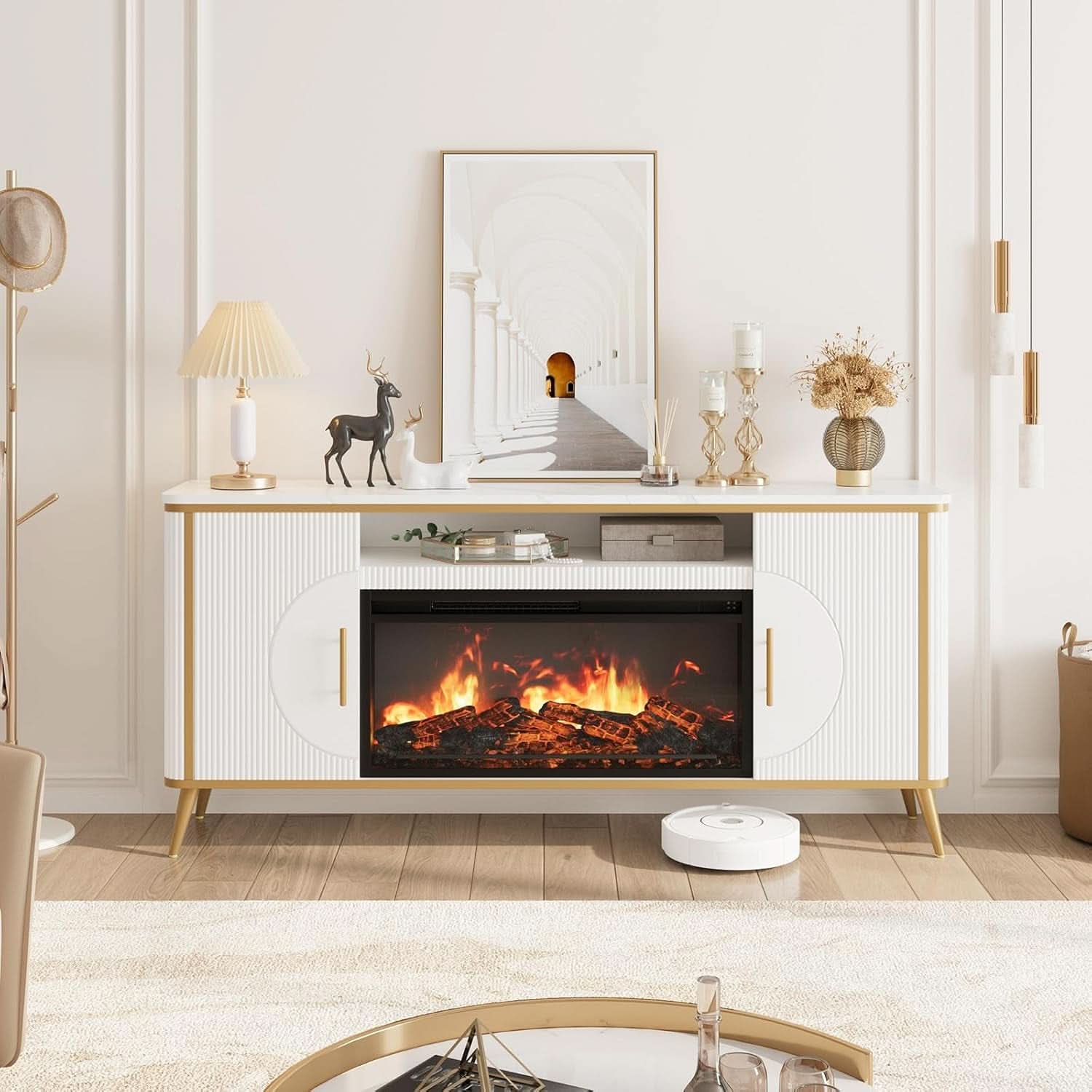 Fluted Electric Fireplace TV Console 80 Inch Arctic White