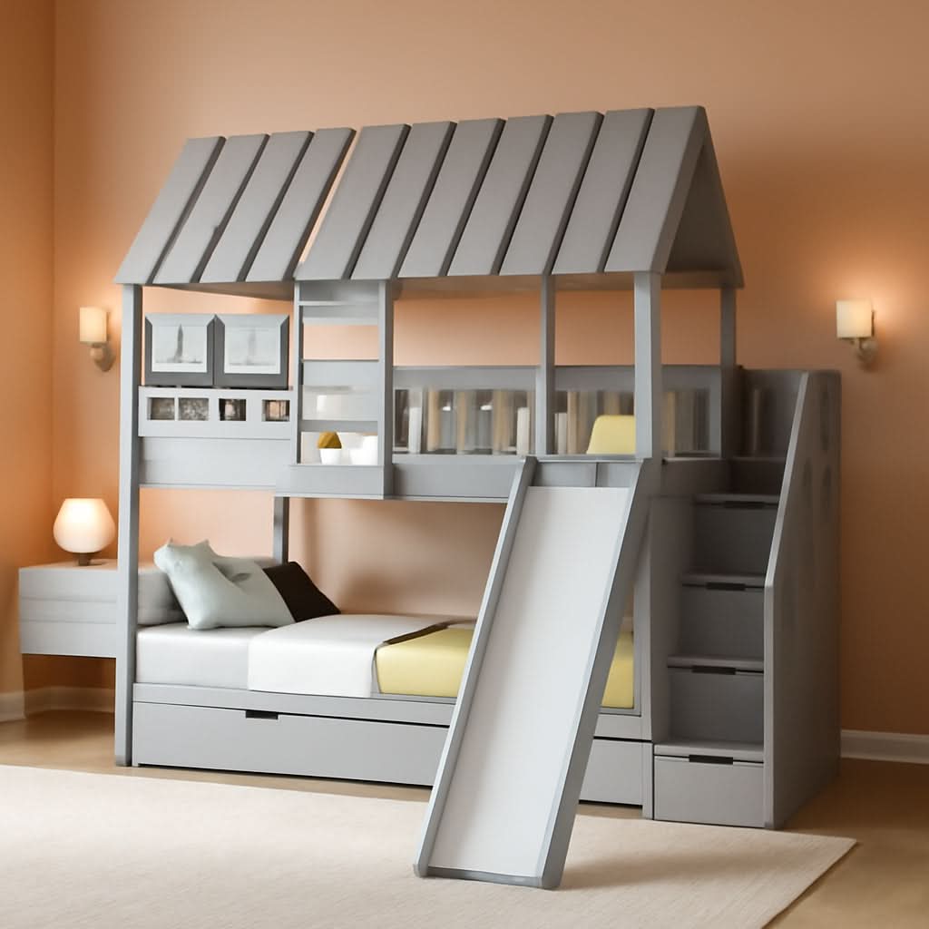 Twin Over Twin Bunk Bed With Slide For Kids Room Decor