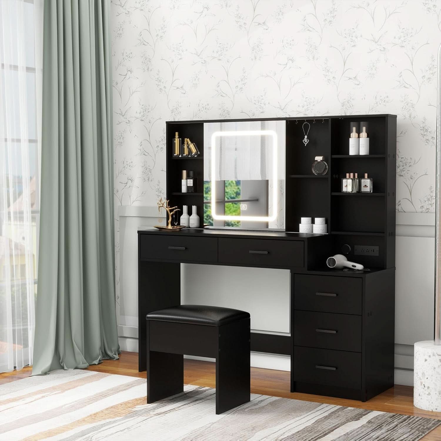Black Vanity Desk With Large Mirror Illumination Mode