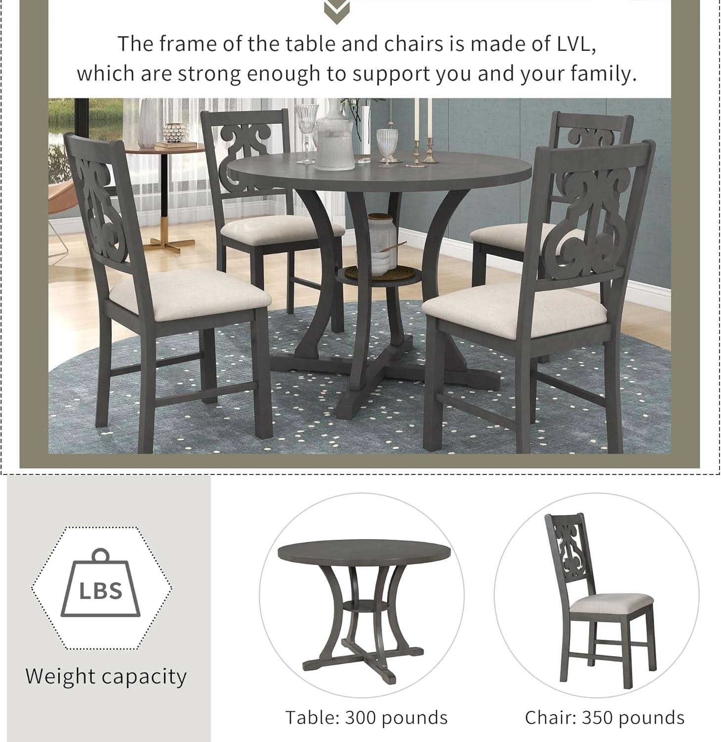 Gray Round Shaped Retro Antiqued Dining Table Curved Legs