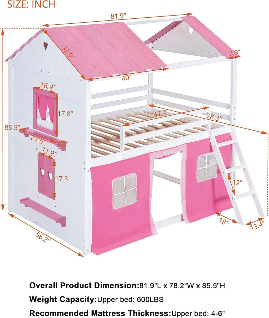 Full Size Furniture Wooden Bunk Bed Pink Playhouse Structure