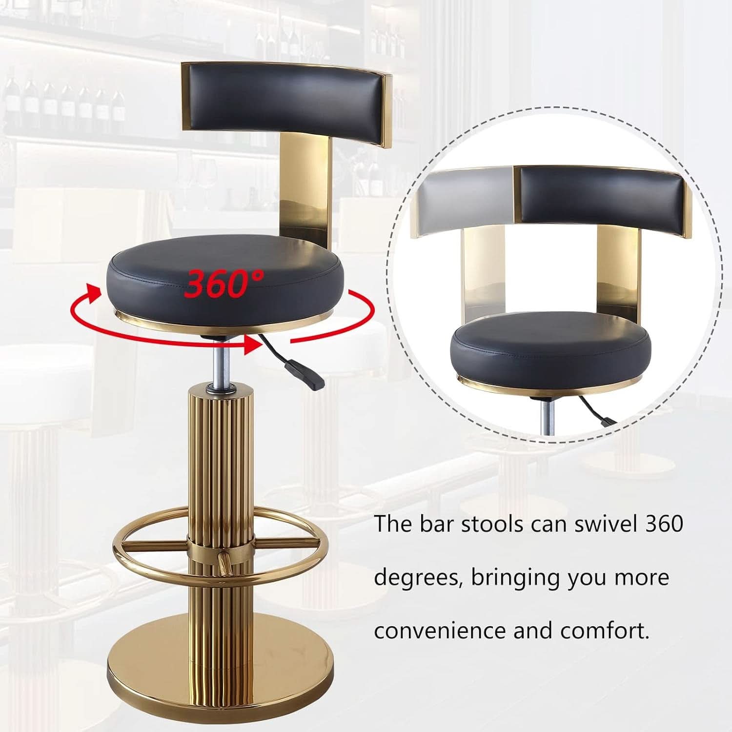 Black Gold Swivel Bar Stool With Backrest And Adjustable